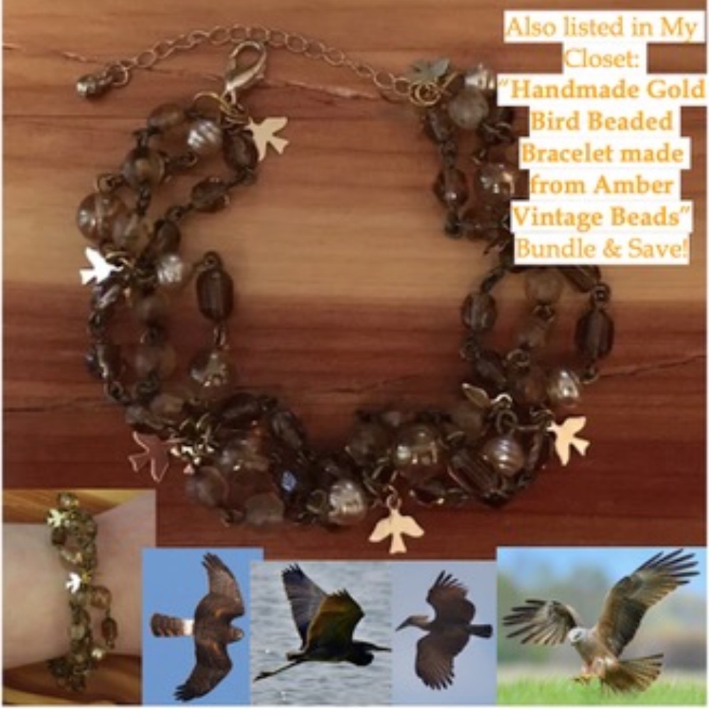 Handmade Brown Rhinestone Circle + Amber & Gold Beads Bracelet, Vintage Beads - Picture 8 of 8